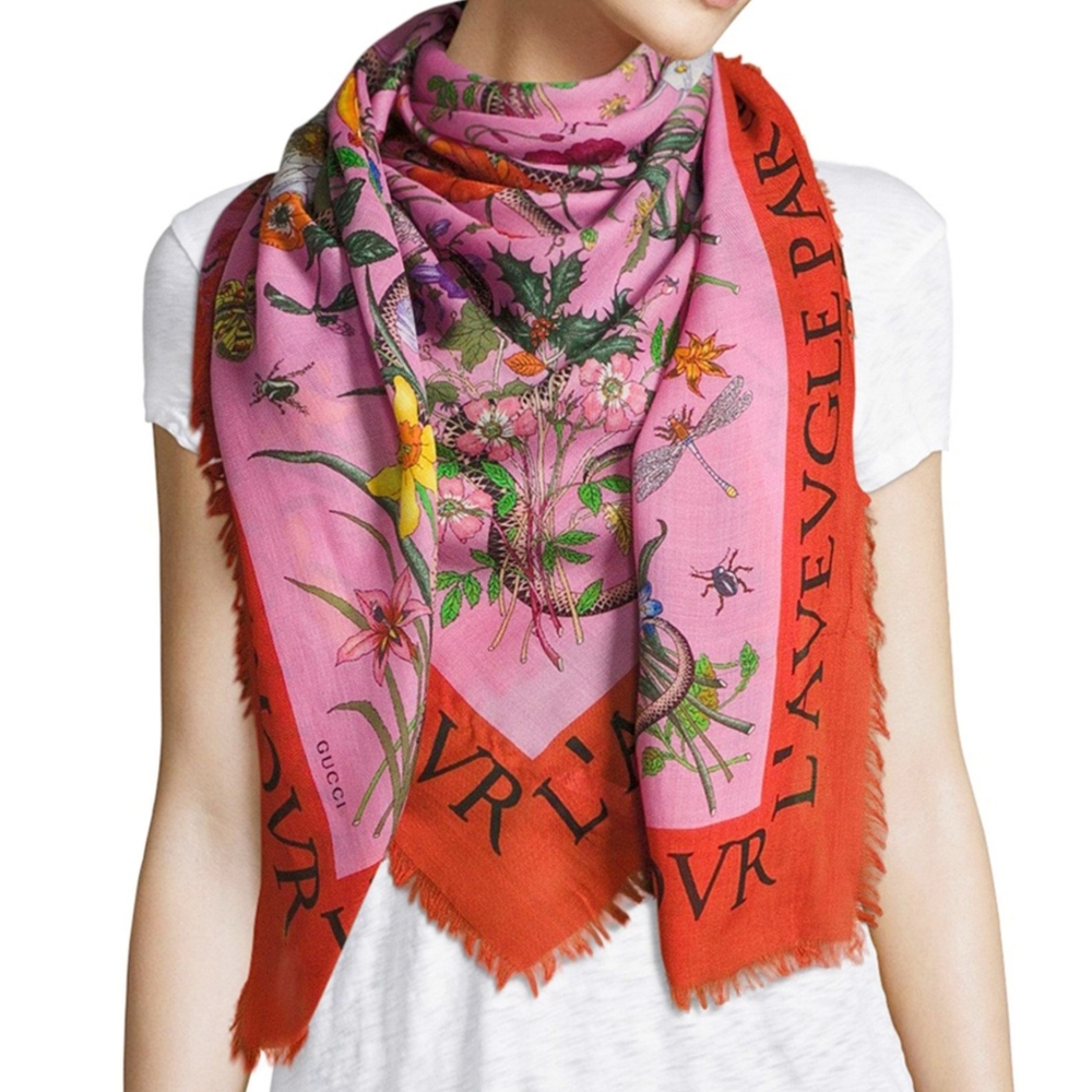 2018 Gucci L'aveugle Par Amour Snake Flora Shawl Scarf